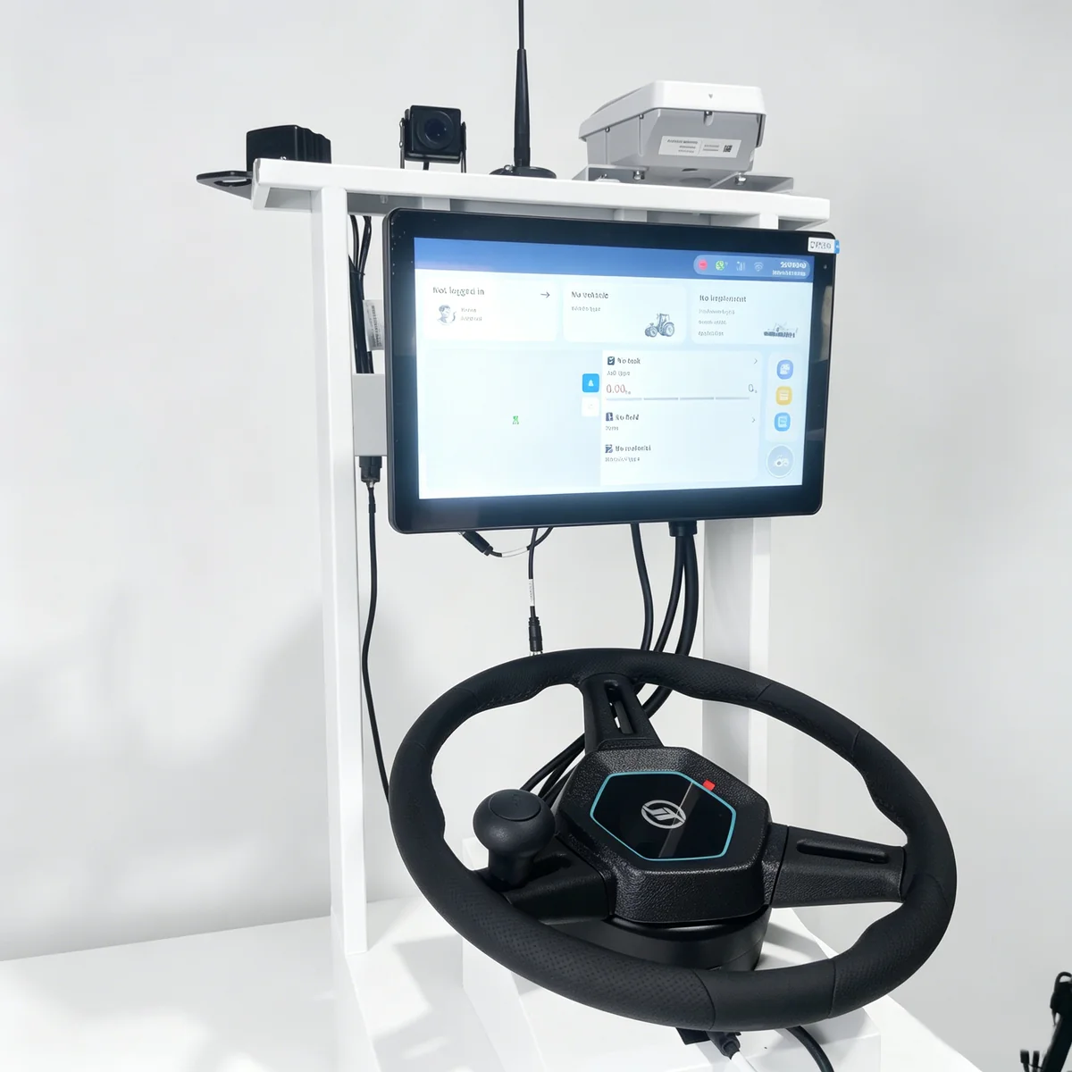HD818 terminal and steering wheel assembly set up with the GNSS receiver and radio antenna above