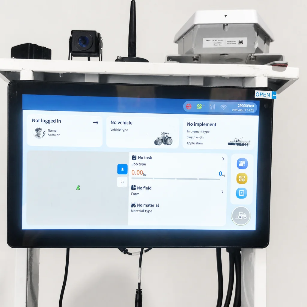HD818 terminal showing NTRIP login and correction source selection in the guidance interface